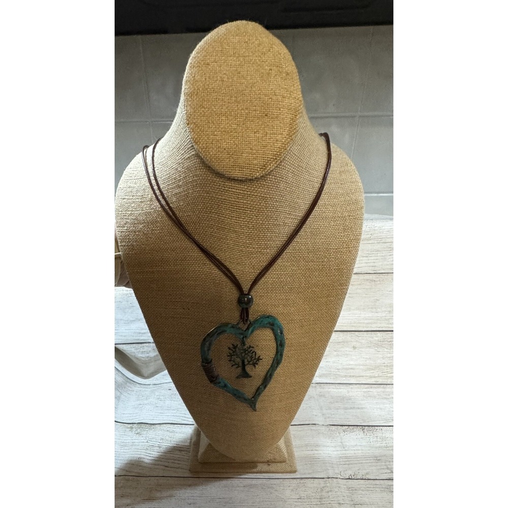 DROOL Nickel Free Chunky Teal Heart Tree Cord Necklace Long Weathered Look TubX